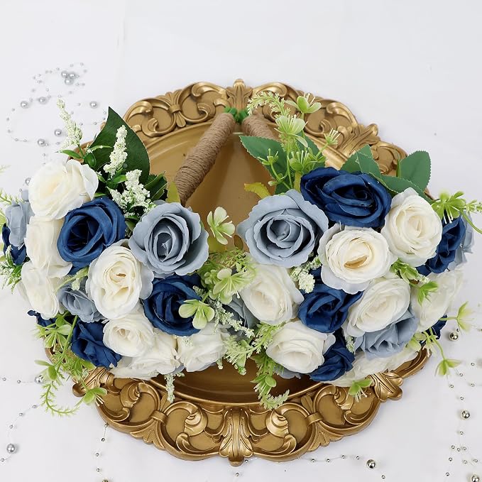 Set of 6 Bridesmaid Bouquets for Wedding - 7 Inch Artificial Flower Bouquet for Party Ceremony Anniversary Dinning Table Centerpieces Decor -Navy Blue & Dusty Blue & White