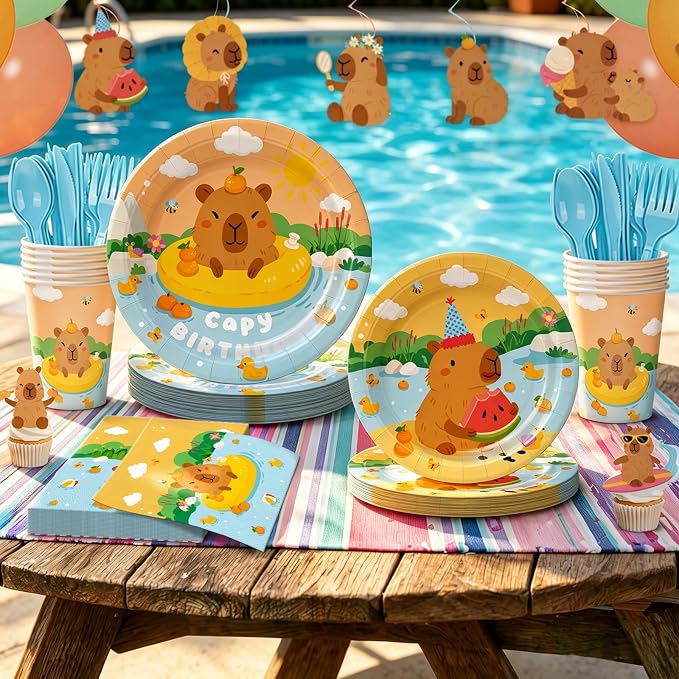 180pcs Summer Capybara Party Supplies Plates Tableware Set Include Plates, Napkins, Cups, Cutlery, Balloon, Banner, Cake Topper, Hanging Swirl, Tablecloth, Capybara Birthday Decorations Serve 20