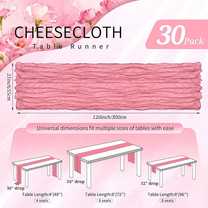 30 Pack Cheesecloth Table Runner 10FT Dusty Rose Table Runner Boho Gauze Cheese Cloth Table Runners Long Rustic Sheer Table Decorations for Wedding Party Baby Bridal Shower Birthday Holiday Home