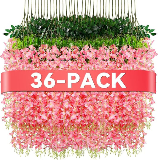 Alotiki Wisteria Hanging Flowers,36 Pack Fake Hanging Flowers Wisteria Artificiales Garland for Home Wedding Arch Floral Party Garden Ceremony Outdoor Decor,3.6 Feet Long(36,Pink)