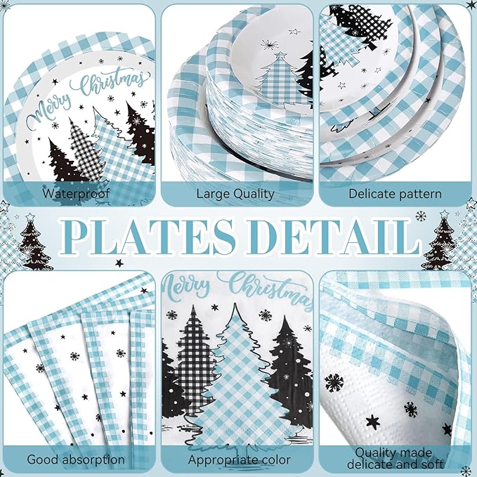 Funnymoom 452 Pcs Light Blue Christmas Party Decoration for 50, Plaid Gingham Tree Blue Xmas Paper Plates Napkins Cups Tablecloth Cutlery Straws for Winter Holiday Baby Shower Birthday Party Supplies