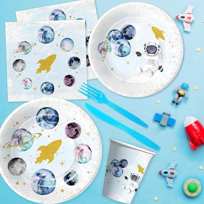 Space Theme Party Supplies For Boy - Galaxy Outer Space Planet Astronauts Party Decorations for Birthday Baby Shower, Paper Plate, Cup, Napkin, Tablecloth, Tableware | Serves 24