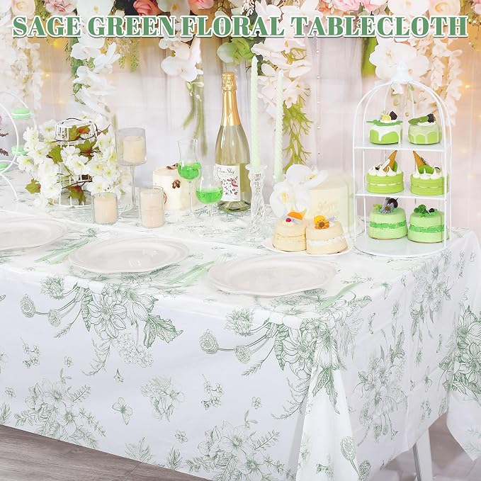 6 Pack Sage Green Floral Plastic Tablecloths, 54 X 108Inch Tea Party Tablecloth Disposable Table Cloths Green and White Porcelain Tables Decor for Garden Wedding Tea Party Birthday Baby Bridal Shower