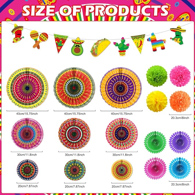 Rakuto Fiesta Party Decorations Set, 18PCS Mexican Taco Theme Colorful Banners and Paper Fans Birthday Decorations, Cinco De Mayo Paper Pom Poms Decor for Wedding Rainbow Party Supplies