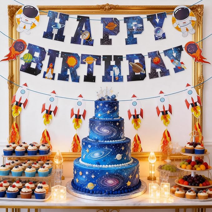 Space Themed Happy Birthday Party Decorations Include Happy Birthday Banner Astronaut Rocket and Tail of Fire Hanging Swirl Tassels Hanging Streamer Decor Space Party Decorations