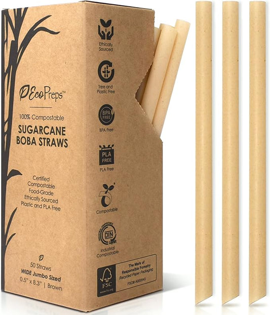 EcoPreps Biodegradable Jumbo Smoothie Straws, Sugarcane Boba Straws - 50 PCS, Extra Wide, 100% Compostable, Plastic-Free, Eco-Friendly Large Wide-Mouthed Straw - 8.25" Long Sugarcane Disposable Straw