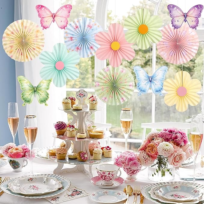 Butterfly Flower Paper Fan,Pastel Party Decoration for Garden,Spring Paper Fans Floral Decorations for Wall Hanging Flower Decor Fairy Birthday Decorations Garland Backdrop for Tea Party Baby Shower.