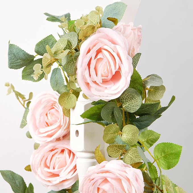 PONKING Flower Garland Artificial Rose Vine Flowers Hanging Fake Roses Vines for Wedding Birthday Party Valentines Christmas Room Wall Arch Decor, 2 Light Pink Floral Garland, High Realistic