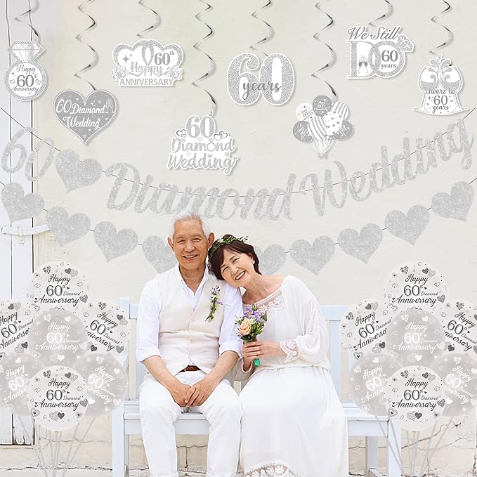 60th Diamond Wedding Anniversary Decorations, Glitter Banner, Cake Topper, Hanging Swirl, Silver Heart-shaped Love Foil Balloons, Festival Celebration Party Supplies Sets