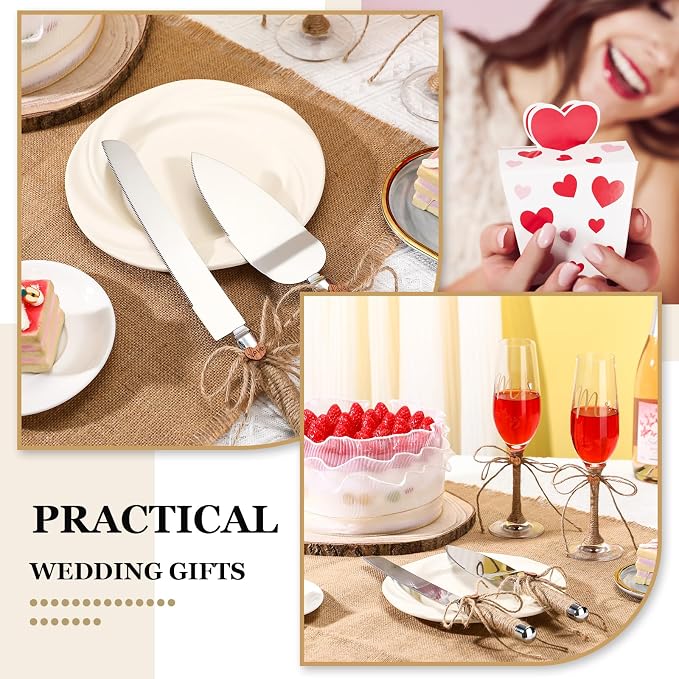 Honoson 5 Pcs Cake Knife Server Set Champagne Glasses Wooden Slice Cake Topper Set Rustic Wedding Decorations Mr and Mrs Champagne Flutes Bride Groom Valentines Day Glasses Anniversariesn