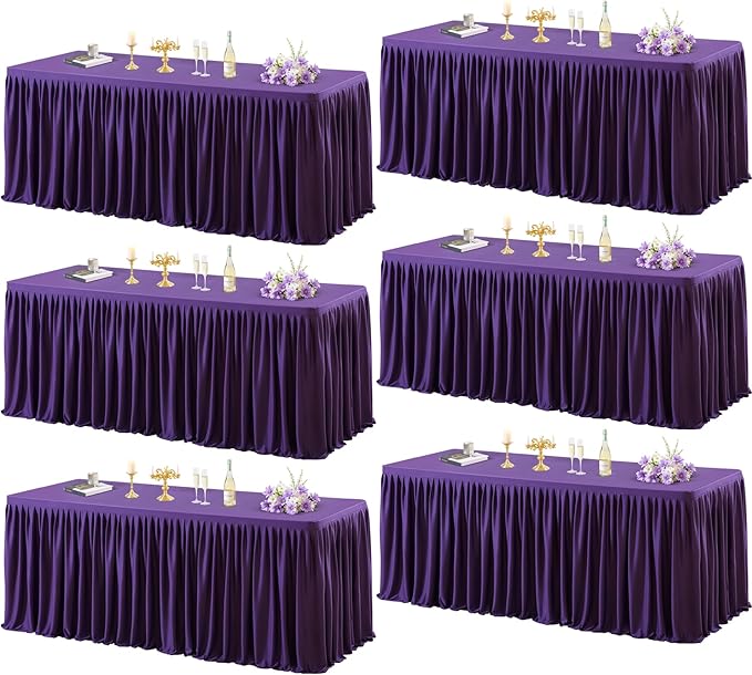 PARTISKY 6 Pack Purple Tablecloths for Rectangle Tables 8ft, Wrinkle Resistant Spandex Table Cover Fitted Stretch Table Cloth with Pleated Ruffle Skirts for Party Banquet Dining Birthday Wedding