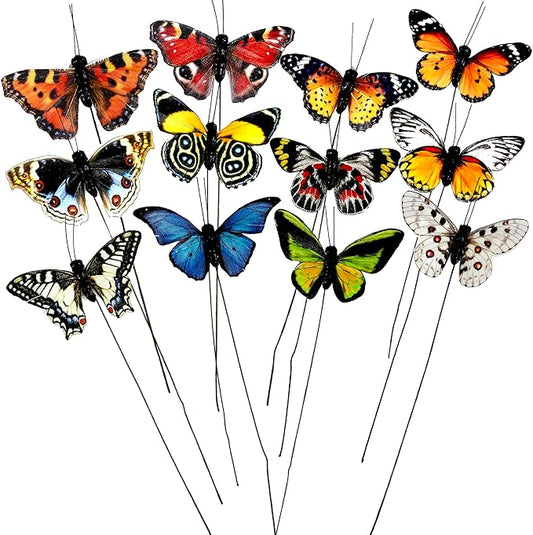 Cartanfill- Artificial Feather Simulation Butterfly Party Decoration Set, a Set of 12 Pieces with Wire, Used for Home Decoration in 12 Colors(B)