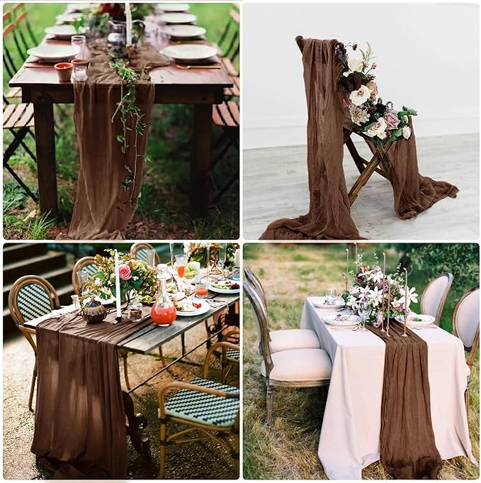 15 Pack Cheesecloth Table Runner 6FT Gauze Cheese Cloth Table Runner 35 x 72 Inch Boho Table Runners Romantic Table Cover for Wedding Birthday Party Engagement Bridal Baby Shower Holiday Décor(Brown)