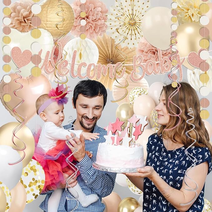 Champagne-Gold Baby Shower Decorations For Girl,65pcs Beige Fall Boho Party Décor with Netural Balloon,Welcome Banner,Sweet Peach Paper Fan Lanterns Pom Poms,Baby-Girl Party Favors Rustic Backdrop