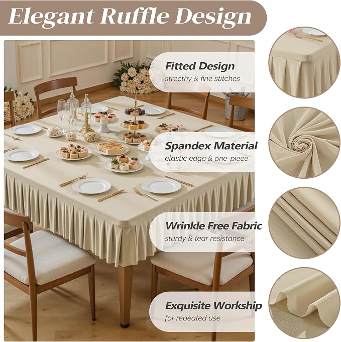 Wish Care Natural Spandex Tablecloths for 48x48 Inch Square Tables, Stretch Fitted Table Clothes with Pleated Ruffle Skirt for 48” Table, Wrinkle Free and Elastic, for Party Kitchen Home Dining