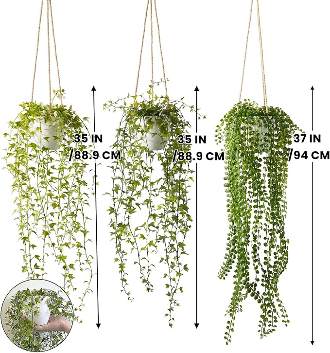 3 Packs 37" Fake Hanging Plants with White Pots for Wall Decor | Artificial Mandala Vine, Indoor/Outdoor Use, for Home Bathroom Bedroom Office Decor, Easy to Clean, Lifelike Appearance