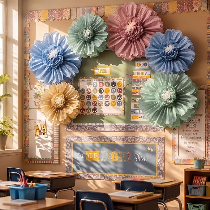 Giegxin 6 Pcs 31.5", 24" Boho Giant Paper Flower Morandi Back to School Bulletin Board Decoration Large Green Blue Classroom Tissue Flower for Wall DIY Nursery Photo Backdrop First Day of School Party