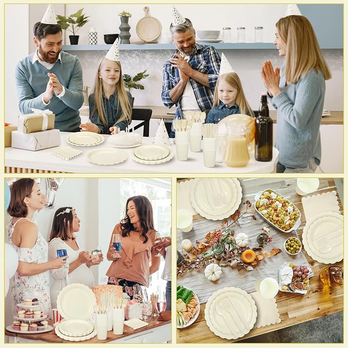 25 Set Party Plates and Cups and Napkins Ivory Scalloped Dinnerware | 175 Pcs Beige Party Supplies Include 9" Cream Plates, 7" Dessert Plates, 6.5 Inch Napkins for Wedding, Bridal&Baby Shower
