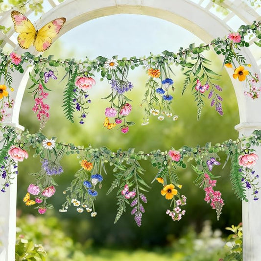 SUNBEAUTY Wildflower Banner 2 Pcs Garden Party Flower Spring Summer Reusable Waterproof Garland 9.8FT for Enchanted Garden Woodland Tropical Wedding Baby Shower Birthday Tea Supplies Girl Decorations