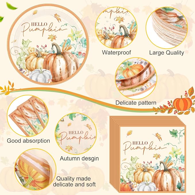 Funnymoom 452 Pcs Hello Pumpkin Thanksgiving Fall Party Supplies for 50, Thanksgiving Pumpkins Paper Plates Napkins Cups Tablecloth Cutlery Straws for Autumn Harvest Birthday Baby Shower Decorations