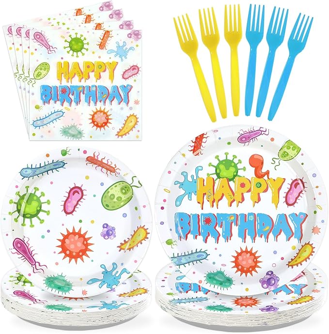 96Pcs Virus Theme Party Decorations Colorful Cells Virology Theme Plates and Napkins Happy Birthday Tableware Set for Kids Birthday Baby Shower Party Decorations Serves 24