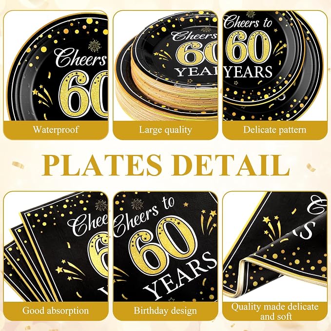 Funnymoom 452 Pcs 60th Anniversary Party Decorations, Cheers to 60 Years Paper Plates Napkins Cups Tablecloth Cutlery Straws Disposable Tableware Set for 60th Birthday Party Supplies for 50 Guests