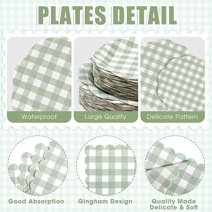 Funnymoom 400 Pcs Gingham Party Supplies for 50 Guests Green and White Paper Plates and Napkins Knives Spoons Forks Cups Disposable Checkered Dinner Party Set Cutlery for Baby Shower Wedding Favor