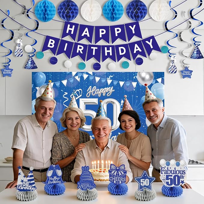 Happy 50th Birthday Party Decoration: Including Birthday Banner Backdrop, Party Table Centerpieces and Hanging Swirl Party Streamers, Birthday Decor for Men and Women (Blue, 50th Birthday)
