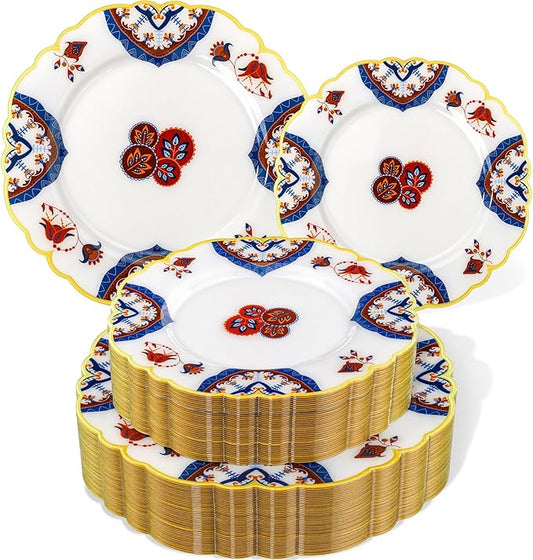 Morejoy 60pcs Vintage Bohemian Plastic Plates - White Plastic Plates Featuring Classic Blue and Russet Floral Design With Gradient Gold Rim, 10.25 Dinner & 7.5 Dessert Plates for Wedding & Party