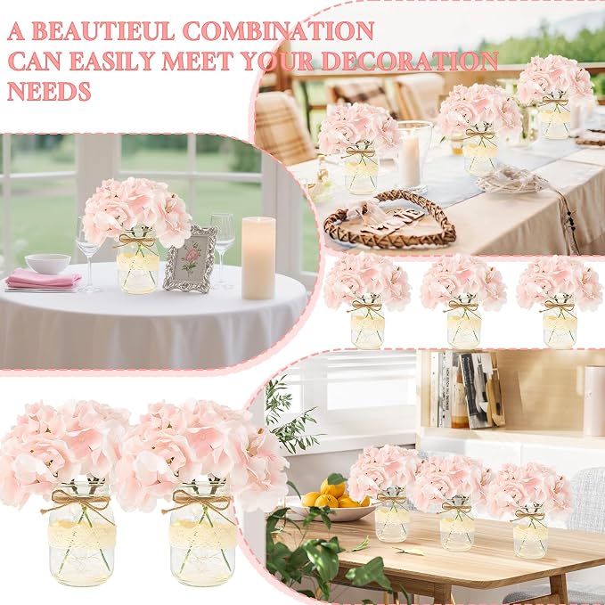 Mason Jar Table Centerpiece Set of 3 with Lights Pink Hydrangea artificial Flowers for Engagement Party Bridal Shower Centerpieces Wedding Christmas Thanksgiving Party Reception Table Decor