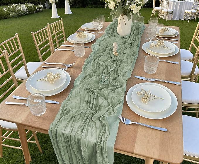 16 Pack Cheesecloth Table Runners 20" x 120", Boho Gauze Table Decor for Wedding, Bridal Shower, Birthday Party, Long Romantic Runner(Sage Green)