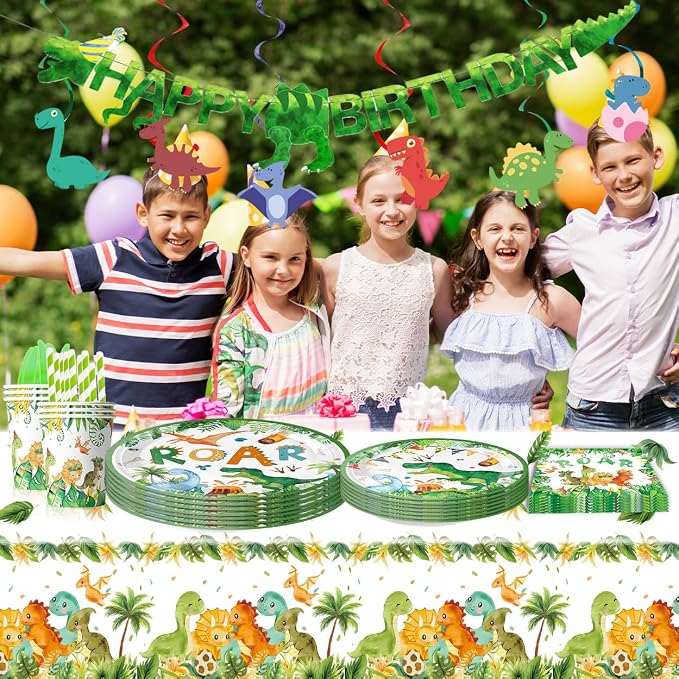 Dinosaur Birthday Party Supplies with Banner, 20 Serves Dinosaur Disposable Tableware Set with Plates, Forks, Napkins, Swirls,and Cutlery Sets for Dinosaur Themes Party Kids Years