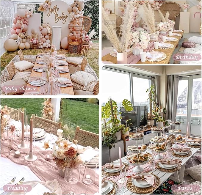 12 Pack Dusty Pink Cheesecloth Table Runner 35x120 Inches Spring Summer Boho 10FT Sheer Pink Cheese Cloth Table Runner for Wedding Baby Shower Tea Party Boho Home Decorations