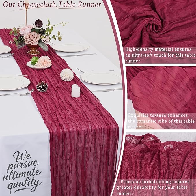 10 Pack Burgundy Cheesecloth Table Runner 17x108 Inch Semi Sheer Boho Rustic Gauze Cheese Cloth Table Runners for Wedding Party Birthday Baby Shower Home Décor