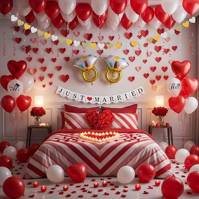 Just Married Party Decorations Heart Garland Just Married Banner Sign Red White Balloon Artificial Rose Petals Heart Tea Light Candles Diamond Ring Aluminum Balloon for Wedding Marriage Party
