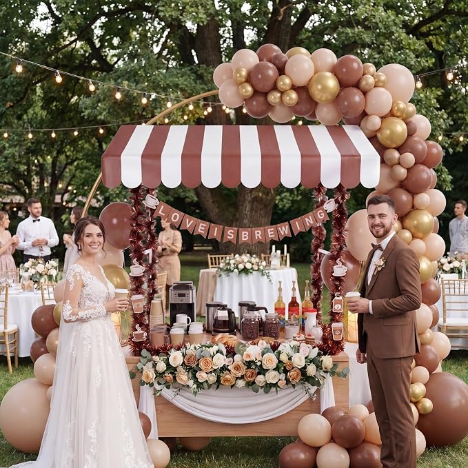 7 Pcs Love Is Brewing Bridal Shower Party Decorations Coffee Wedding Bachelorette Party Supplies with 1 Set Plastic Stand 1 Brown and White Striped Awning 4 Brown Tinsel 1 Love Is Brewing Banner