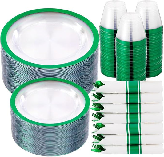 I00000 210 Pcs Green Plastic Plates Green Dinnerware for Party, Include 30 Dinner and 30 Dessert Plates,30 Plastic Cups 9 OZ,30 Per Rolled Napkins with Cutlery for Party