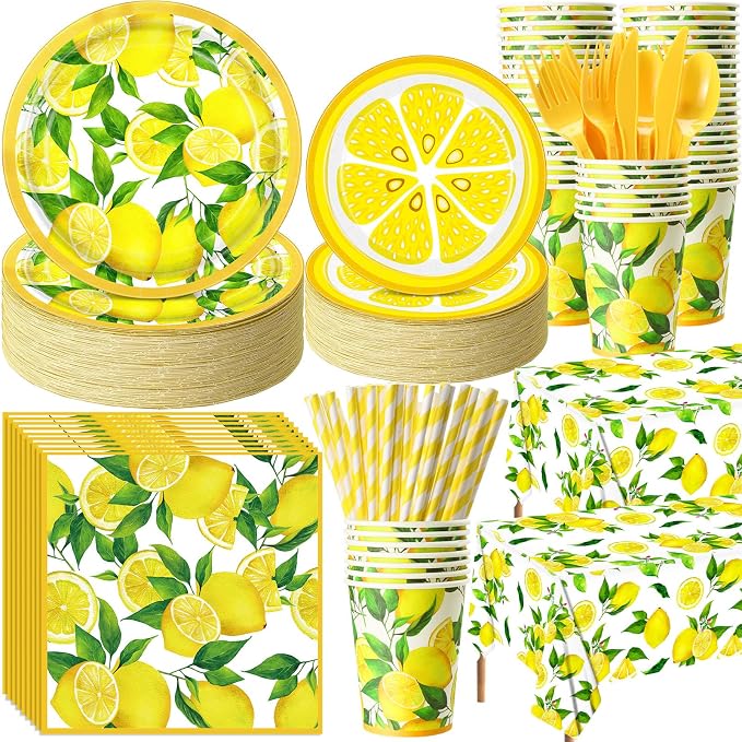 Funnymoom 452 Pcs Lemon Party Decorations, Yellow Lemons Paper Plates Napkins Cups Tablecloth Cutlery Straws for Summer Fruit Theme Birthday Wedding Baby Shower Party Supplies, Serves 50