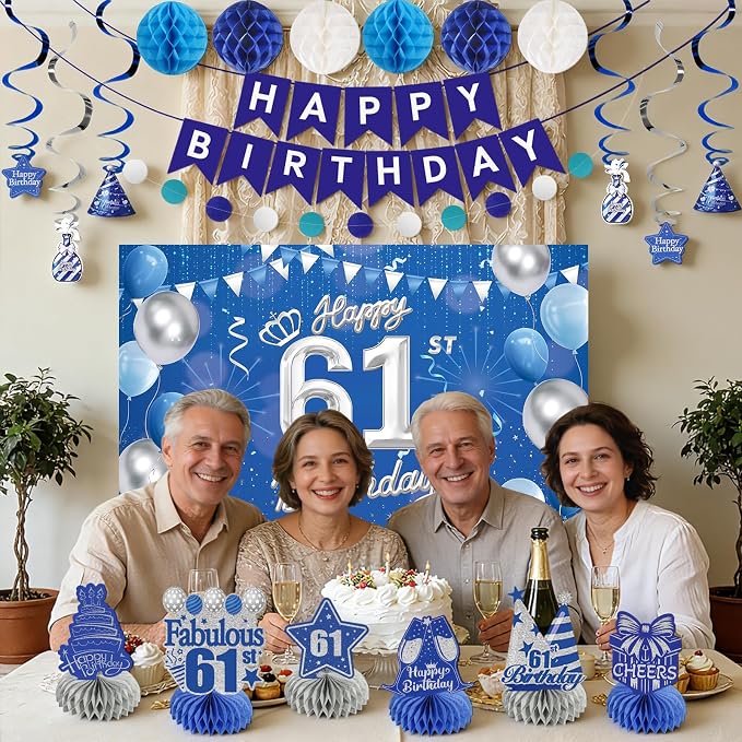 Happy 61st Birthday Party Decoration: Including Birthday Banner Backdrop, Party Table Centerpieces and Hanging Swirl Party Streamers, Birthday Decor for Men and Women (Blue, 61st Birthday)