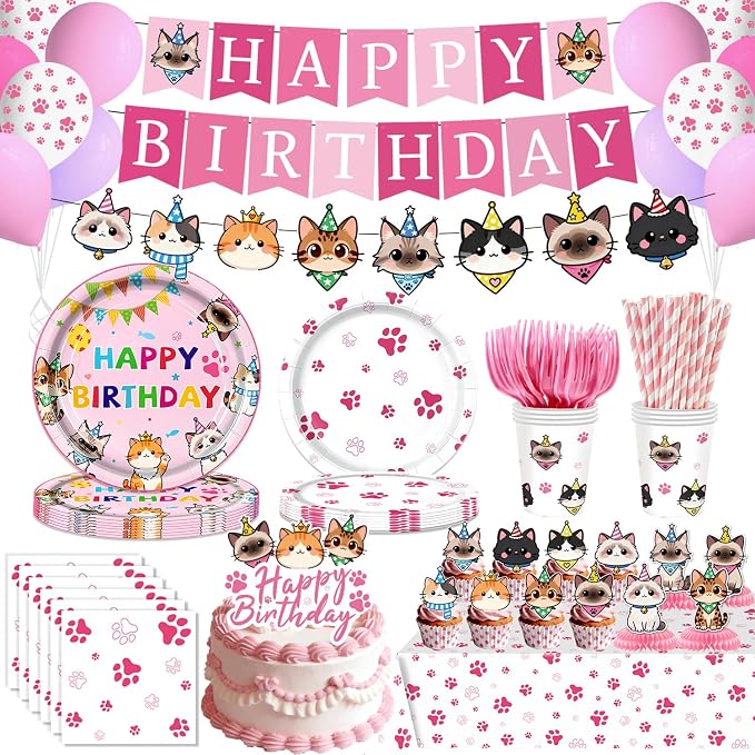 197pcs Cat Birthday Decorations Kit, Cute Cat Themed birthday party decorations with Tableware, Cake Decorations & Hanging Accessories, Serves 24 Guests