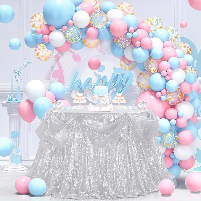 B-COOL Sequin Tablecloth Round Party Decorations: 132 Inch Silver Tablecloth Sequin Overlay Glitter Fabric for Indoor and Outdoor Gathering Christmas Parties