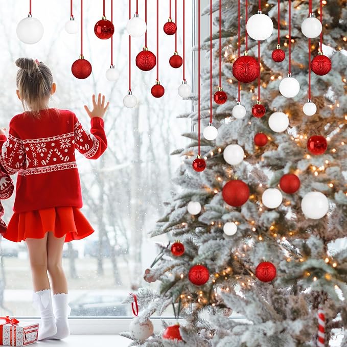 36 Pcs Christmas Balls Ornaments for Ceiling, 1.6'' 2.4'' 3.2'' Large Big Shatterproof Christmas Hanging Decorations Balls for Tree Xmas Holiday Party Indoor(Red, White)
