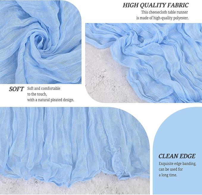 12 Pack Light Blue Cheesecloth Table Runner 120 inch Fall Thanksgiving Boho Rustic Gauze Farmhouse 10FT Cheese Cloth Runner for Baby Shower Wedding Party Holiday Home Decor