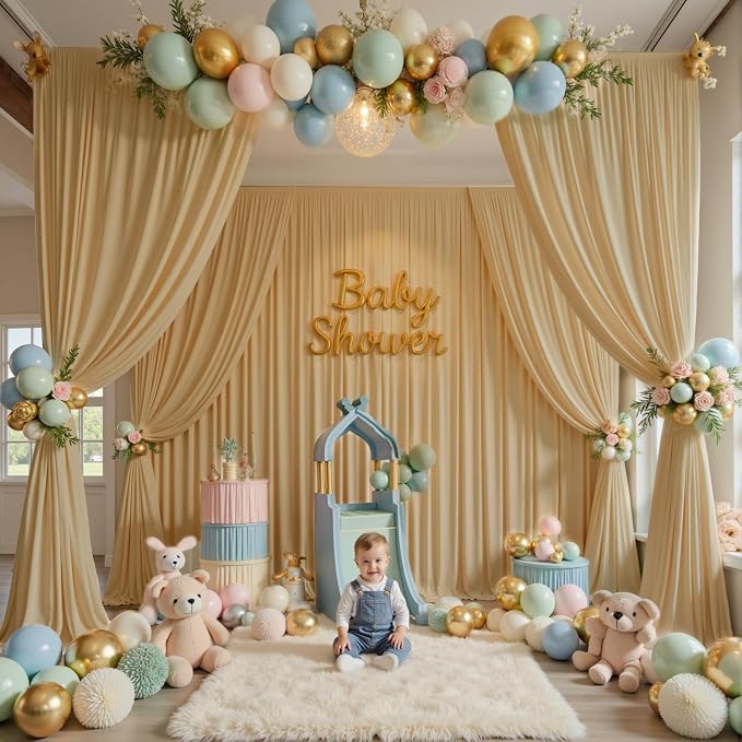 50x14ft Beige Backdrop Curtains for Wedding Party, 10 Panels 14 ft Long Back Drop Cloth, Wrinkle-Free Polyester Drapes for Birthday, Baby Shower, Stage Photography Background