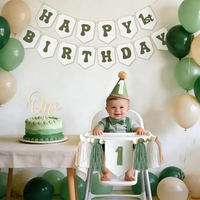 THAWAY 1st Birthday Decorations Boy, White Green First Birthday Becorations for Boy with Banner, Tassel Wood Bead High Chair Banner, Hat and Wood Cake Topper for One Year Old Party Decor