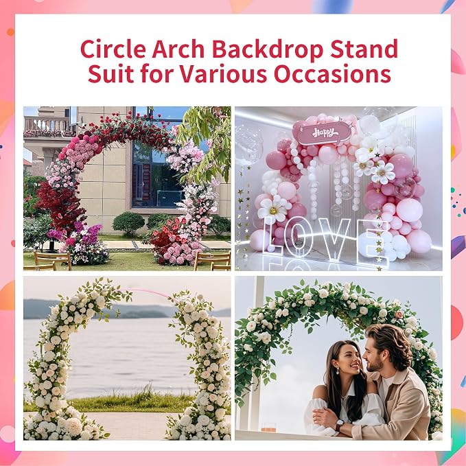 Wedding Arch Round Backdrop Stand Pink Metal Circle Backdrop Stand Circle Balloon Arch Stand Frame for Birthday Party Bridal Shower Anniversary Ceremony Candy Tables Celebration in 2.4x2.8m
