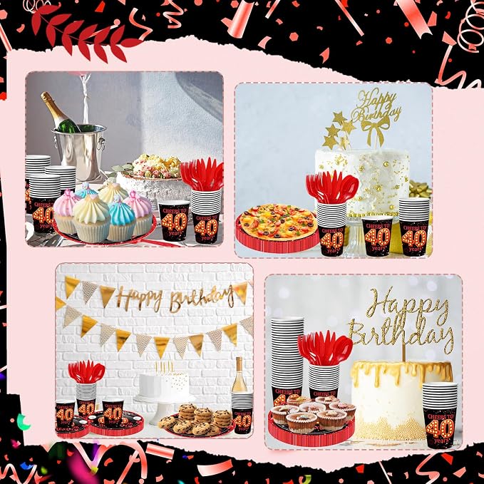 240 Pcs 40th Birthday Decorations 1986 Birthday Party Tableware Include Plates Napkins 9oz Cups Cutlery 40th Anniversary Party Supplies for Men Women Him Her, Serve 30 Guests (Black Red)