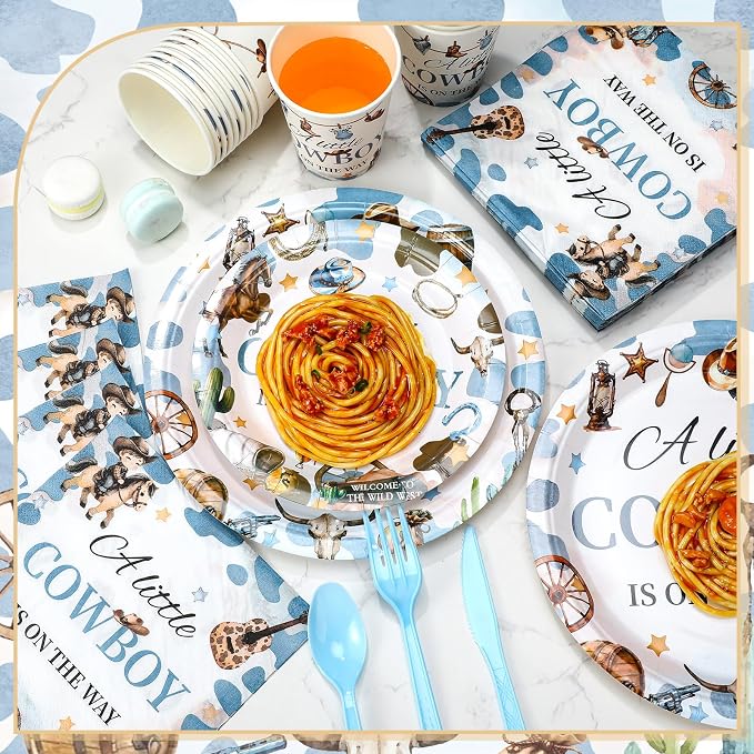 Dandat 350 Pcs Baby Shower Plates Set Baby Shower Party Supplies Serves 50 Tableware Sets Include Plates Napkin Cup Forks Knives Spoons Disposable Dinnerware(Cowboy,Blue)