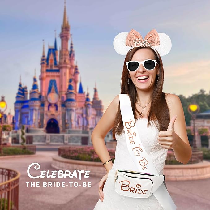 Mouse Ears Set - Bride Accessories - Bachelorette Party Favors - Match Bachelorette Outfit (Rose Gold/White, 1)