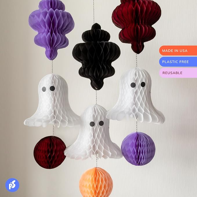 Eco-Friendly Paper Party Decoration Set - Halloween Ghost Party Honeycomb - Made in the USA Plastic-Free FSC Sustainable Recyclable Reusable Pack